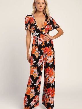 Lulu's Black Jumpsuit with Orange Floral Print